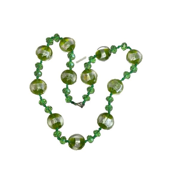 Artisan Designed Green Glass Beaded Silver Metallic Art Glass Necklace 18" - Picture 3 of 7